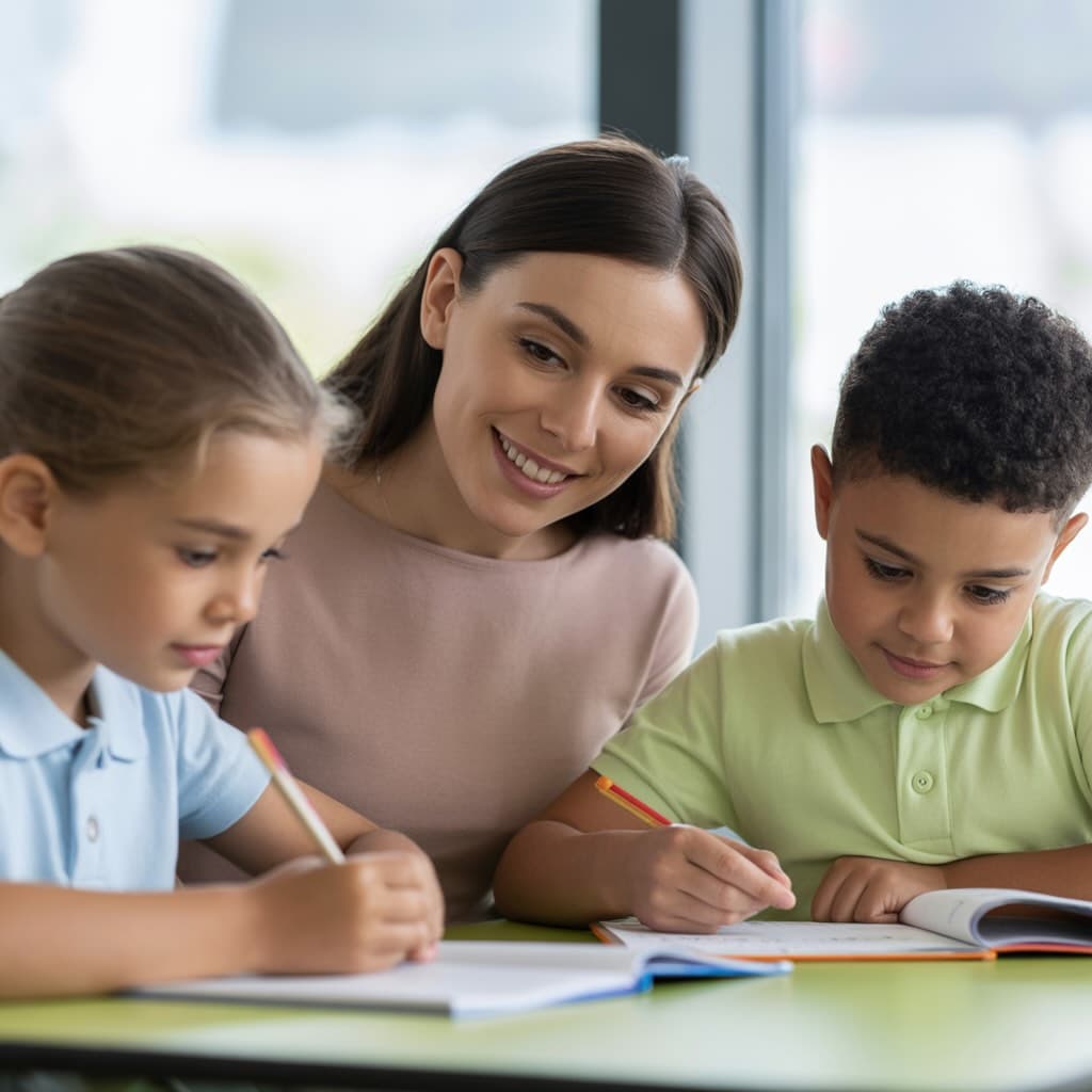 Tutor working with students